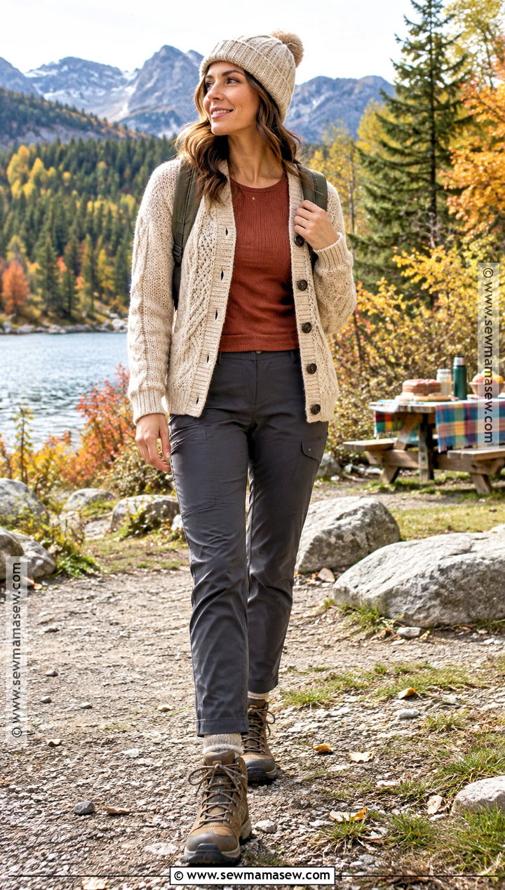 Mountain Outfit With Cardigan And Hiking Pants - 20 mountain outfit fall ideas