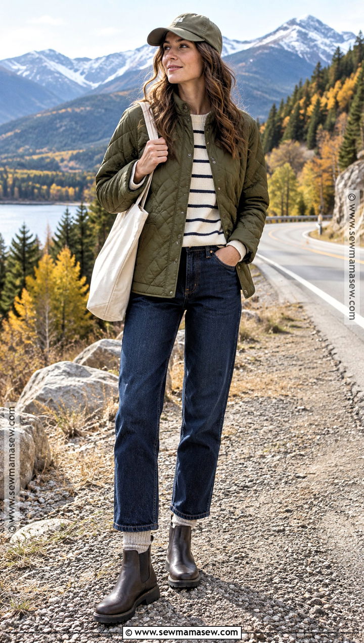 Mountain Outfit With Quilted Jacket And Straight Jeans - 20 mountain outfit fall ideas