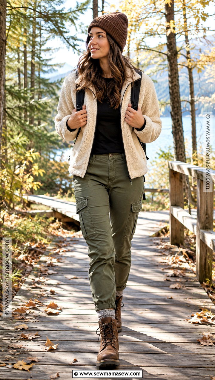 Mountain Outfit With Sherpa Jacket And Cargo Pants - 20 mountain outfit fall ideas