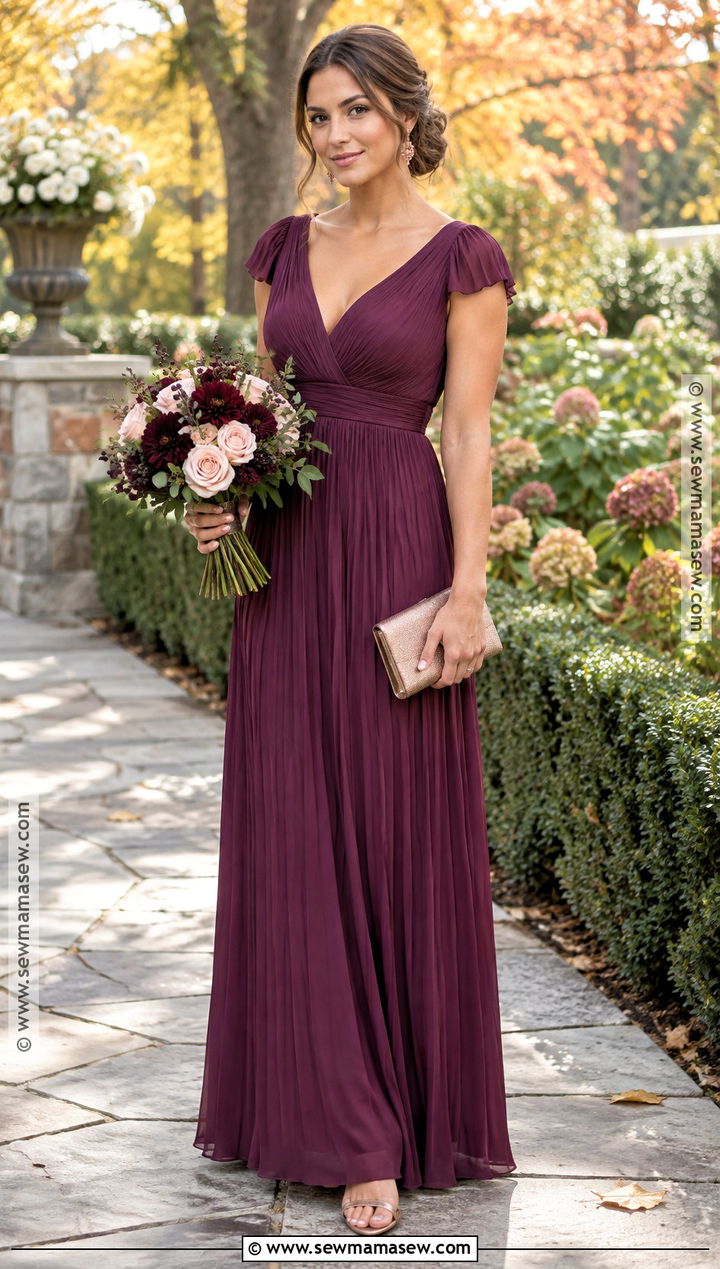 Mulberry Pleated Bridesmaid Dress With Champagne Heels - 15 fall bridesmaid dresses mismatched jewel tones