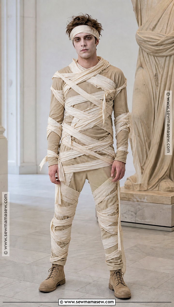 Mummy Costume With Beige Fabric Strips - 35 simple halloween costumes for men