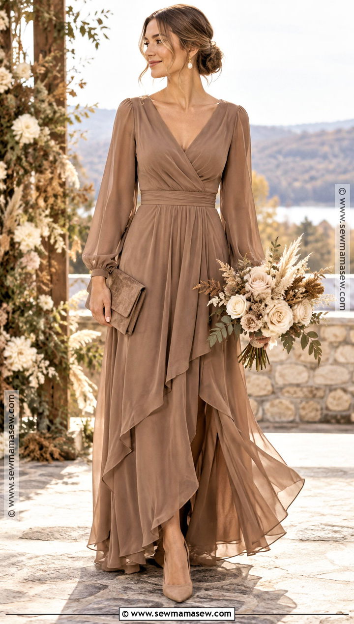 Mushroom Brown Long Sleeve Chiffon Bridesmaid Dress - 15 Fall Bridesmaid Dresses Brown