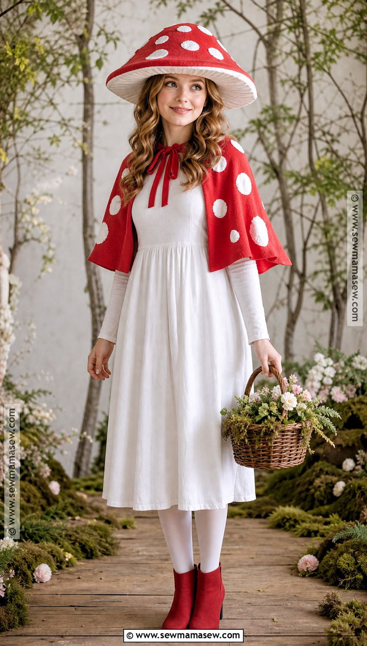 Mushroom Costume With Red Cape And White Dress - 30 halloween costumes modest