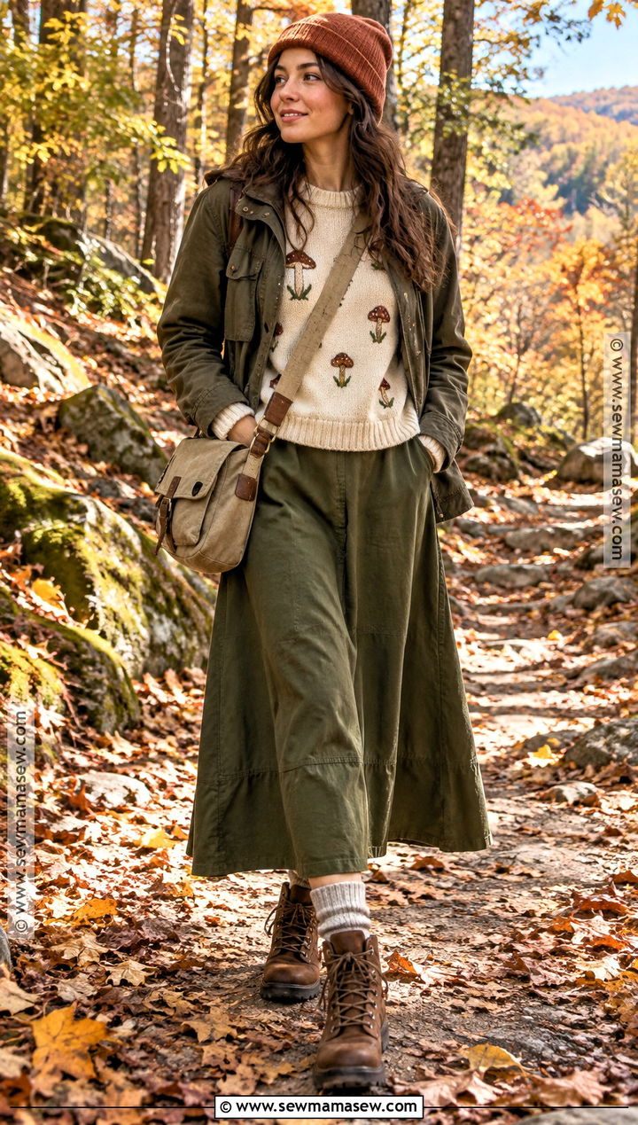 Mushroom Sweater With Maxi Skirt And Hiking Boots - 20 Fall Whimsical Outfit Ideas