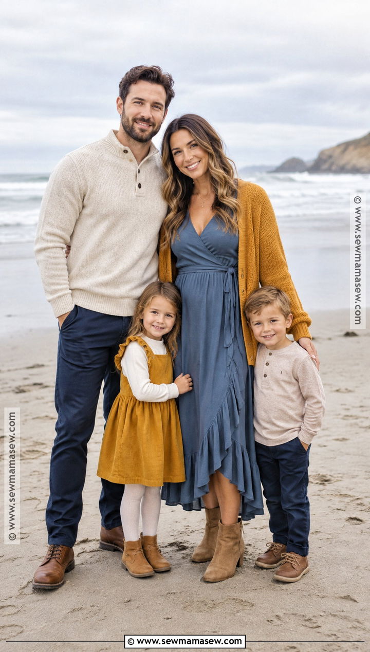 Mustard And Slate Blue Fall Beach Family Photo Outfits - 20 fall beach family photos outfits