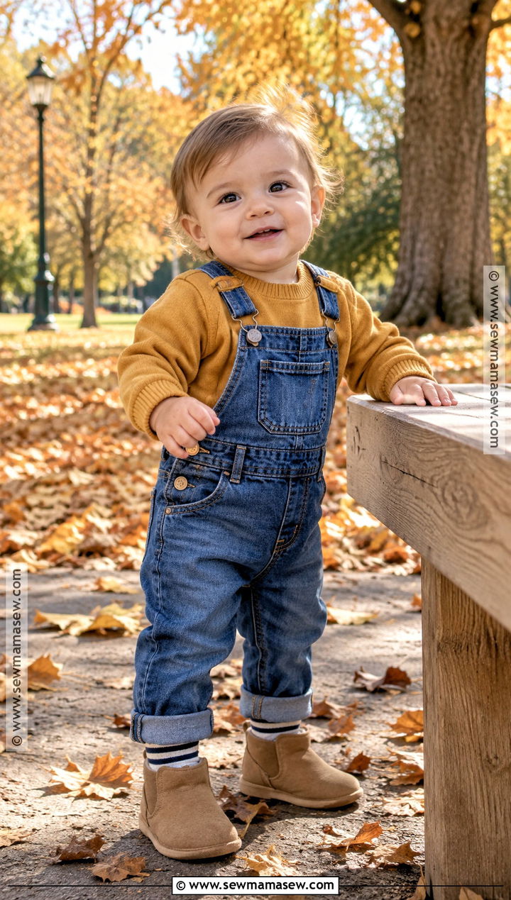Mustard Baby Sweater With Denim Overalls - 15 Cute Baby Sweater Fall Ideas
