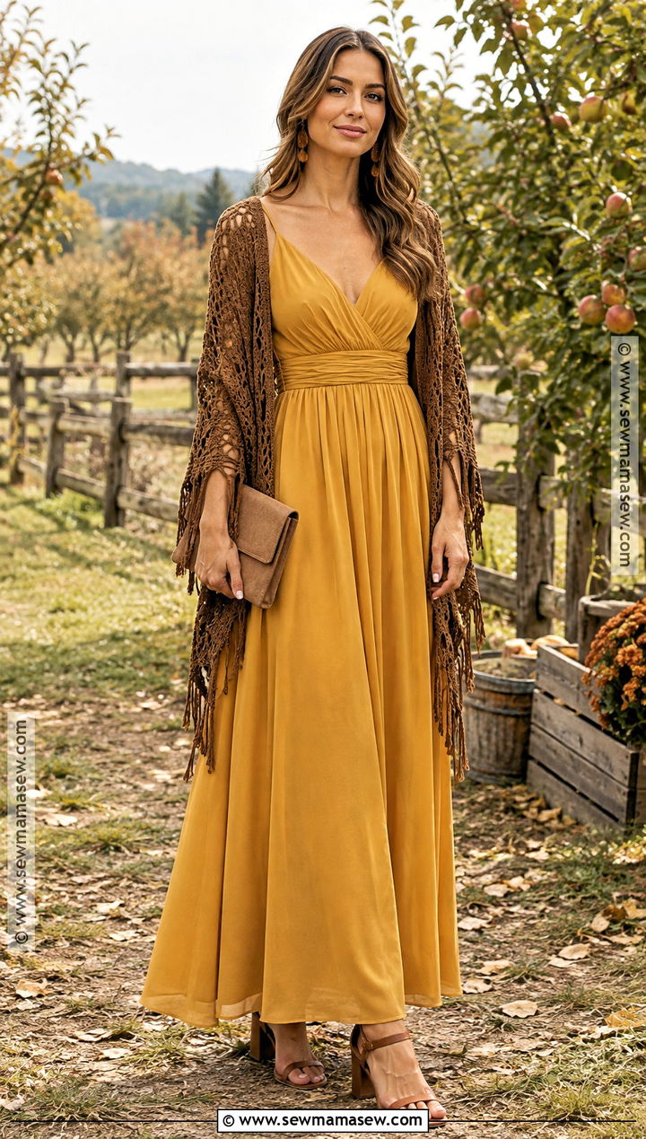 Mustard Bridesmaid Dress With Brown Crochet Shawl - 15 Bridesmaid Shawls And Wraps Fall Ideas