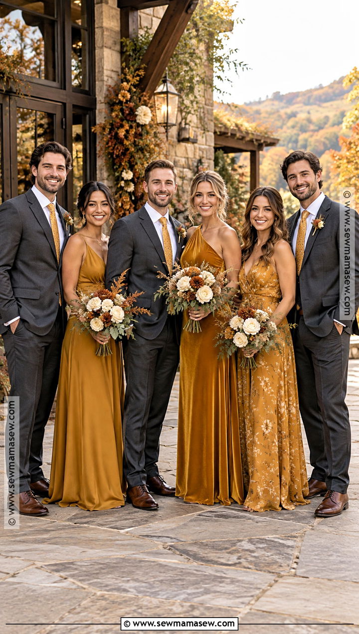 Mustard Bridesmaid Dresses With Charcoal Groomsmen - 15 fall bridesmaid dresses mismatched with groomsmen