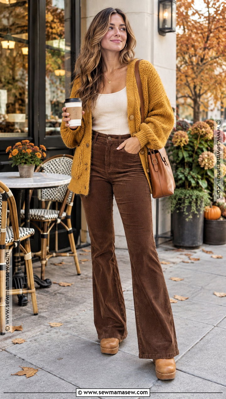 Mustard Cardigan And Brown Corduroy Pants Outfit - 25 earthy fall outfits