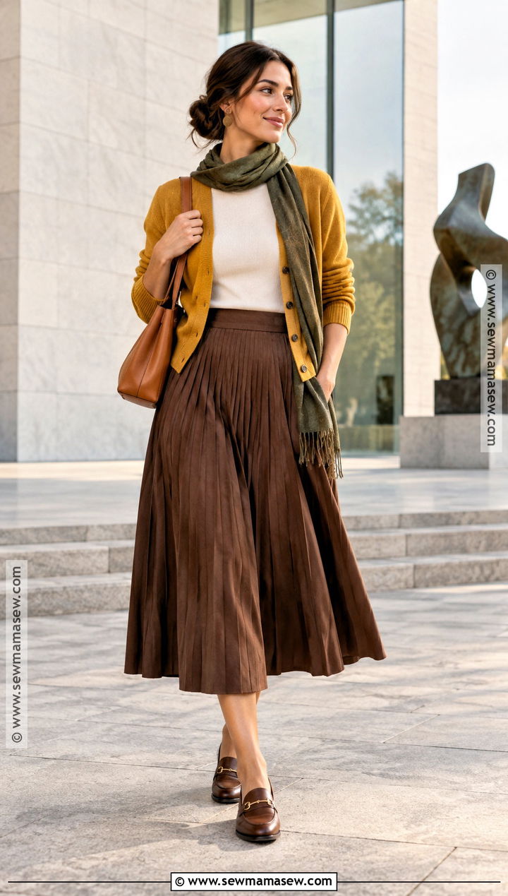Mustard Cardigan And Brown Midi Skirt Outfit - 25 warm autumn color palette outfit ideas