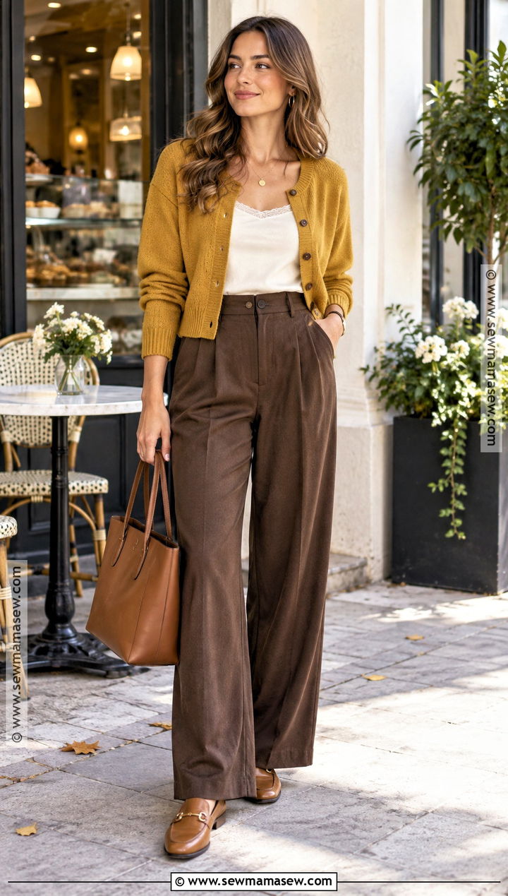 Mustard Cardigan And Brown Trousers Autumn Outfit - 25 autumn color outfits