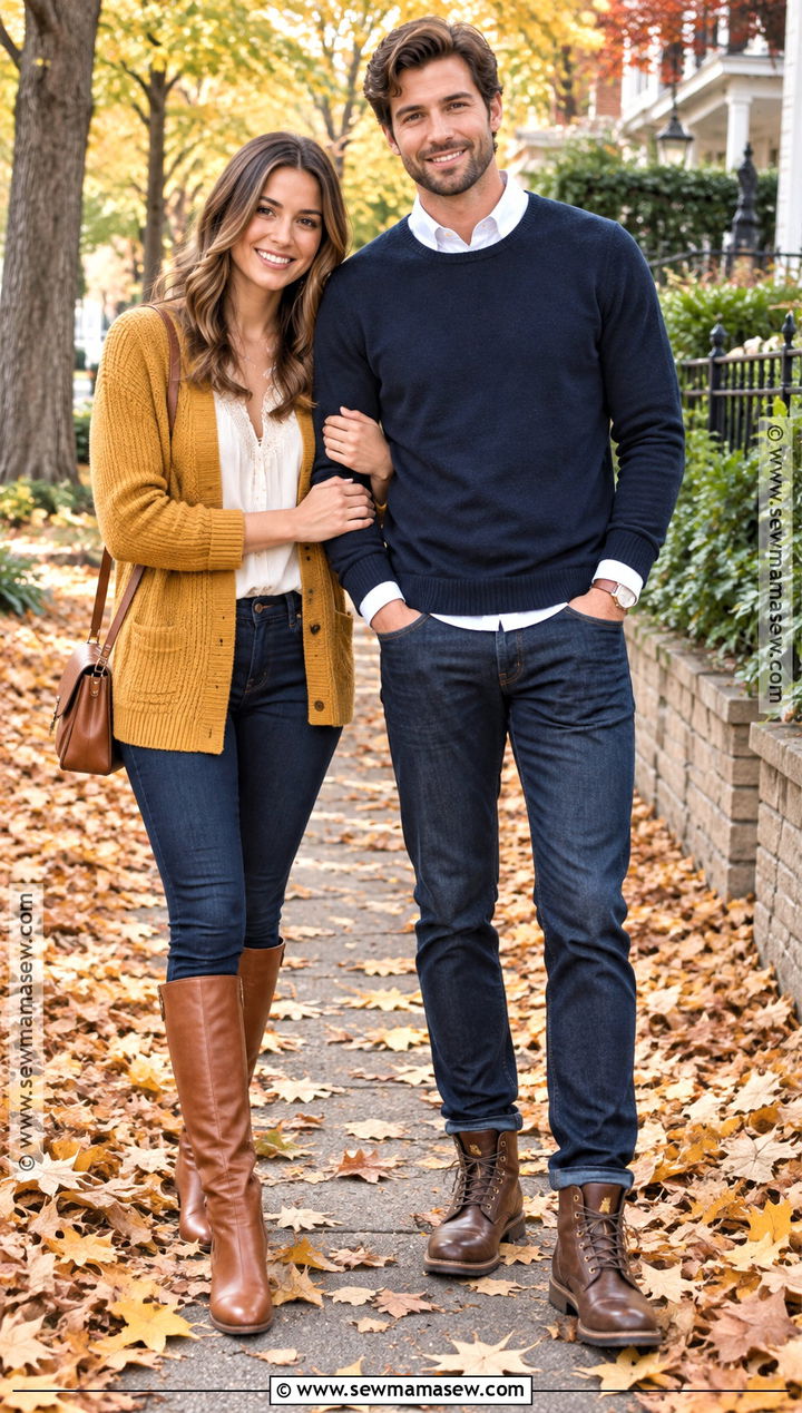 Mustard Cardigan And Dark Denim Fall Couple Outfit - 25 fall photo shoot outfits for couples