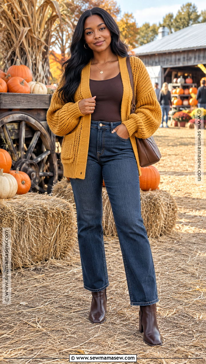 Mustard Cardigan And Dark Jeans Pumpkin Patch Outfit - 25 pumpkin patch outfit ideas for black women