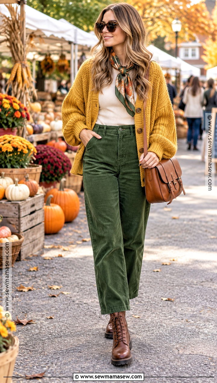 Mustard Cardigan And Green Corduroy Pants Fall Outfit - 15 colorful fall fashion ensemble ideas