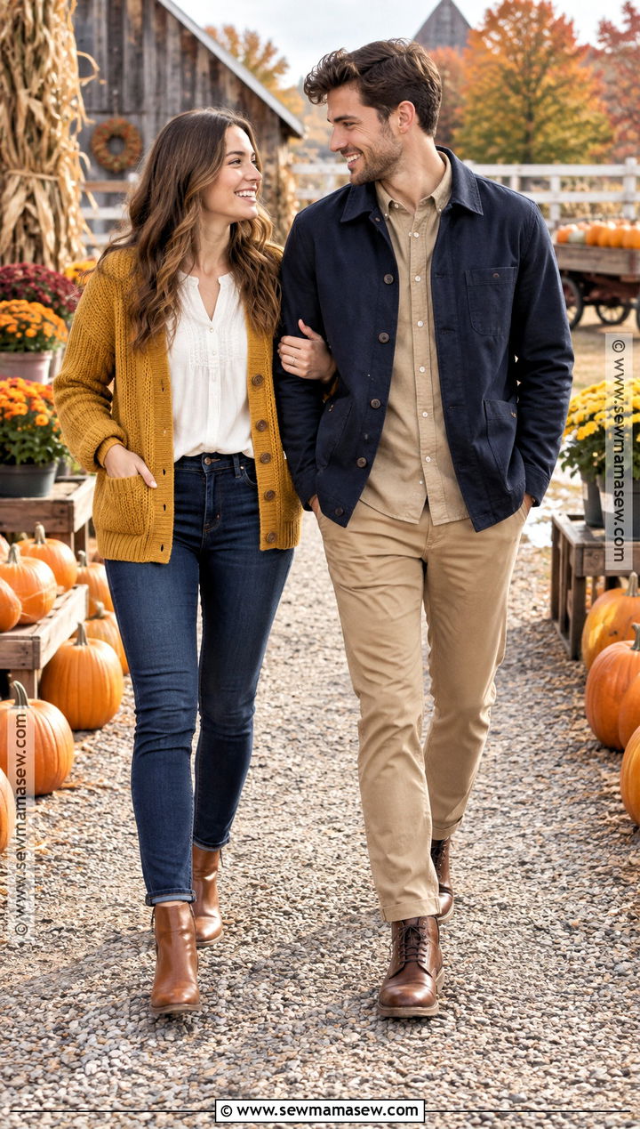 Mustard Cardigan And Navy Jacket Fall Couple Outfit - 20 fall couple photoshoot outfits photo ideas outdoor