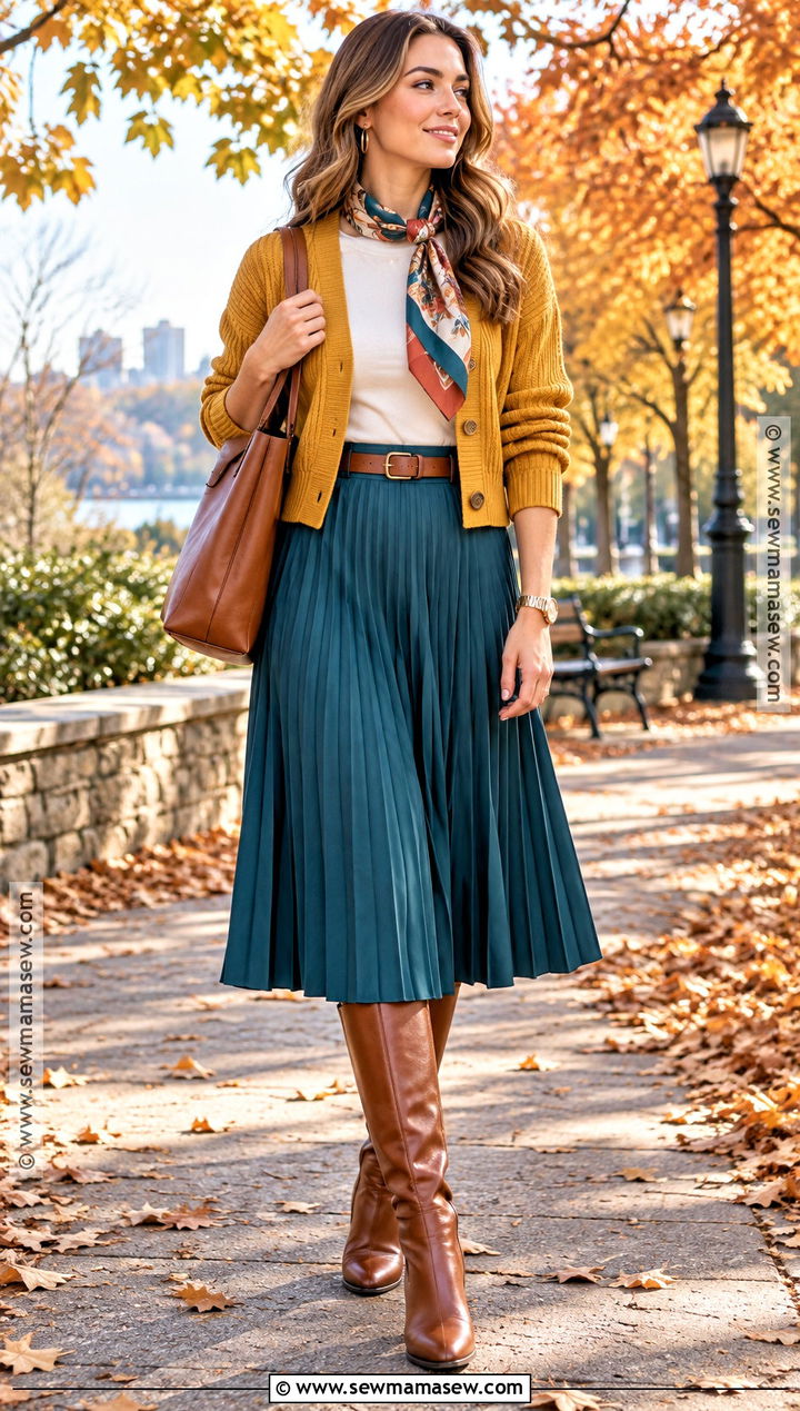 Mustard Cardigan And Teal Skirt Autumn Outfit - 20 colorful autumn outfits