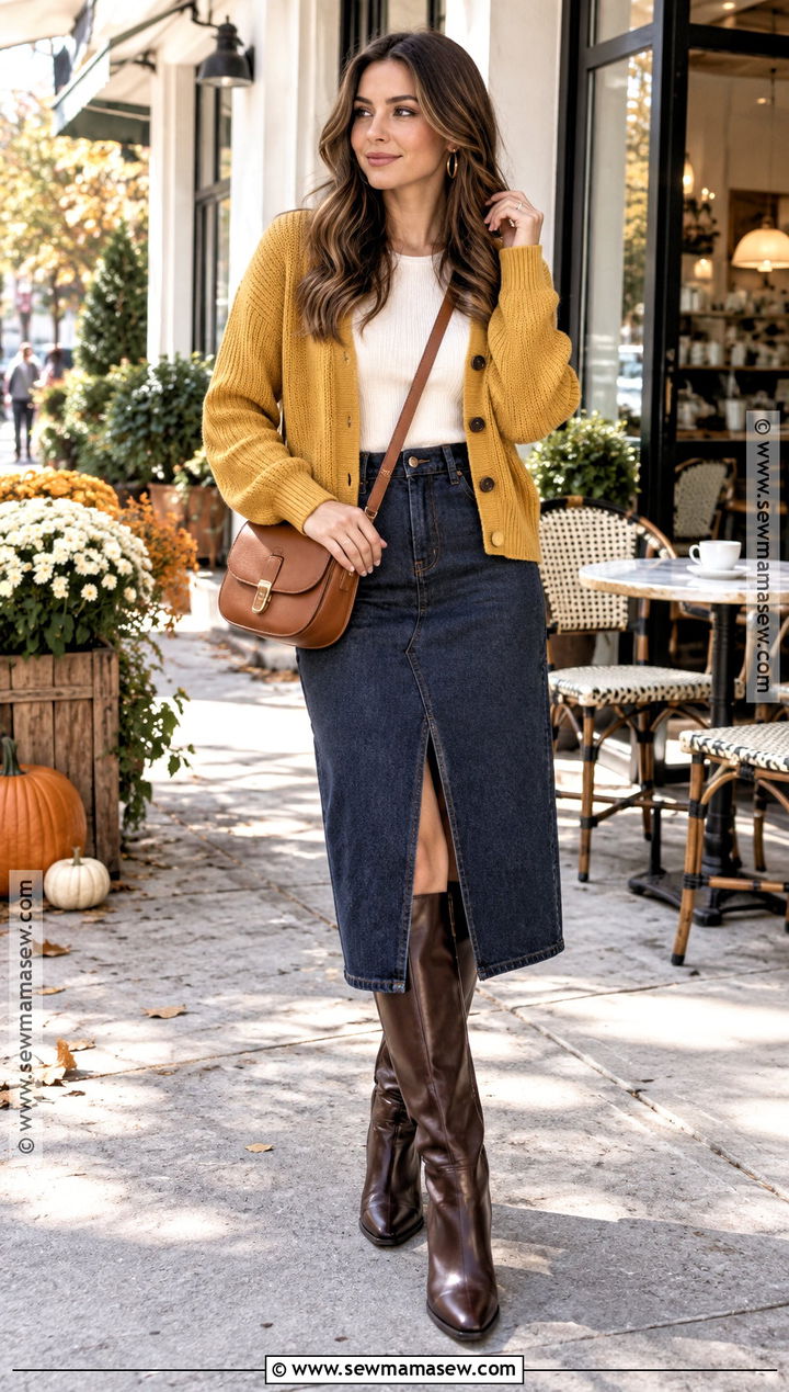 Mustard Cardigan With Denim Midi Skirt - 15 Fall Pop Of Color Outfit Ideas