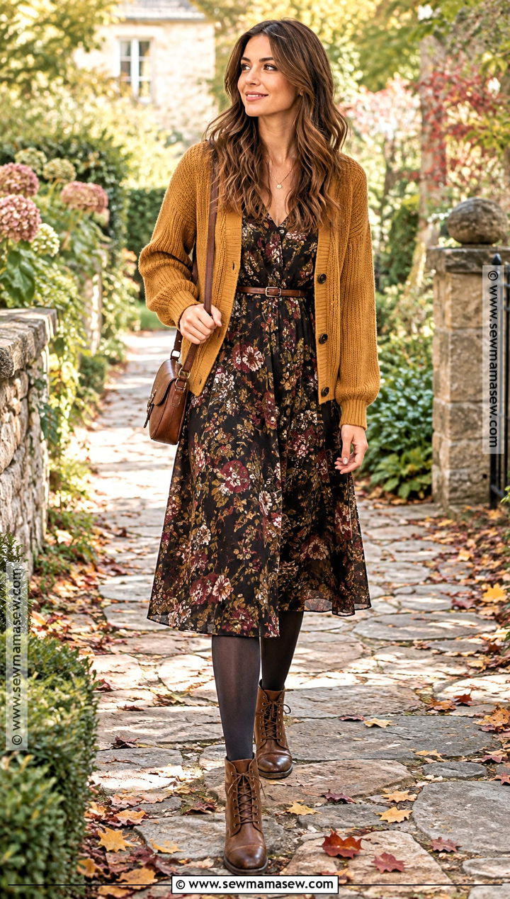 Mustard Cardigan With Floral Midi Dress And Lace Up Boots - 15 Autumn Themed Knitwear Ideas
