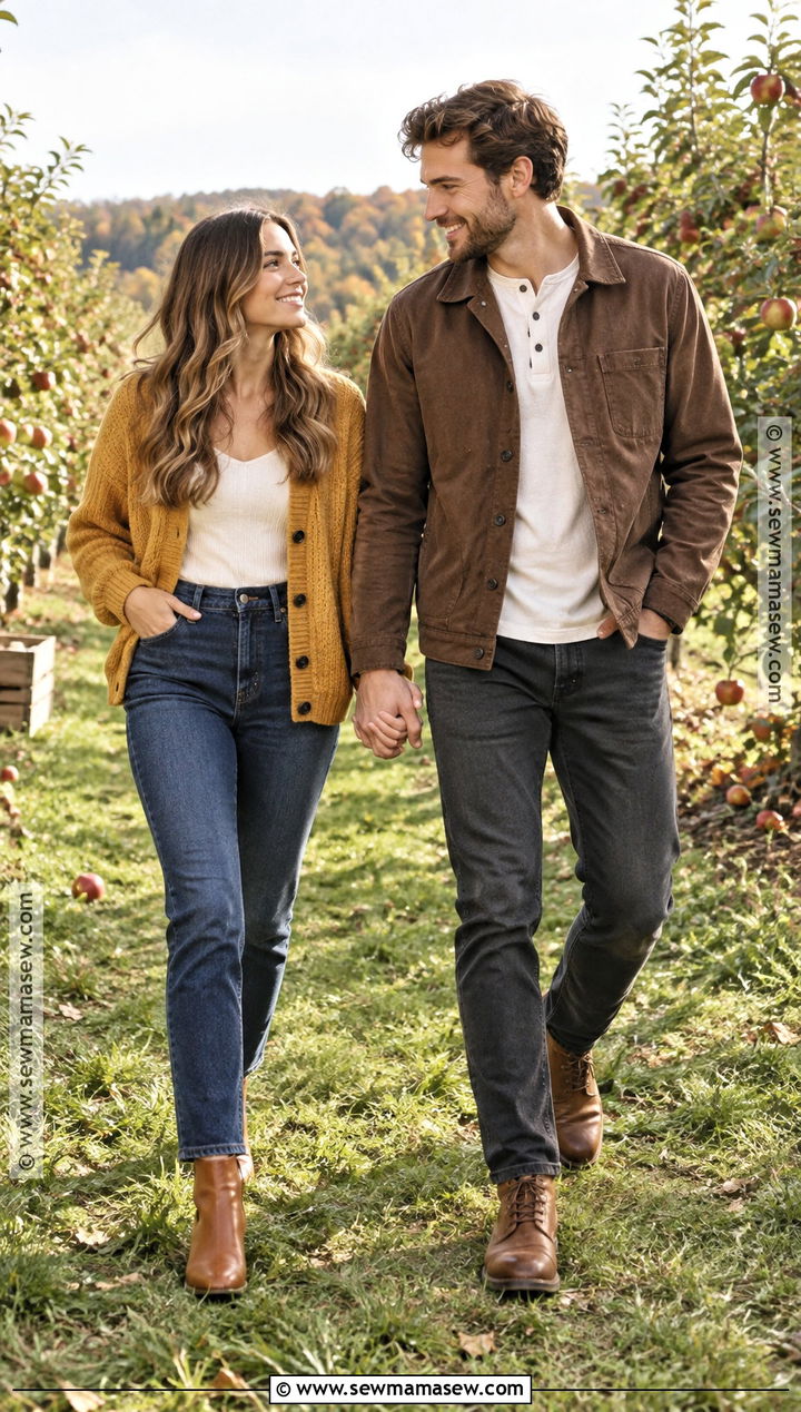 Mustard Cardigan and Brown Jacket Fall Couple Outfit - 15 outfit ideas for couples photoshoot fall