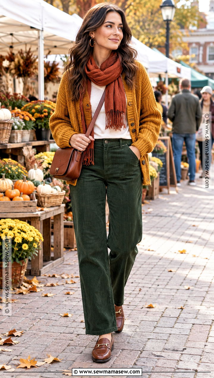 Mustard Cardigan and Green Corduroy Pants Autumn Outfit - 25 colourful autumn outfits