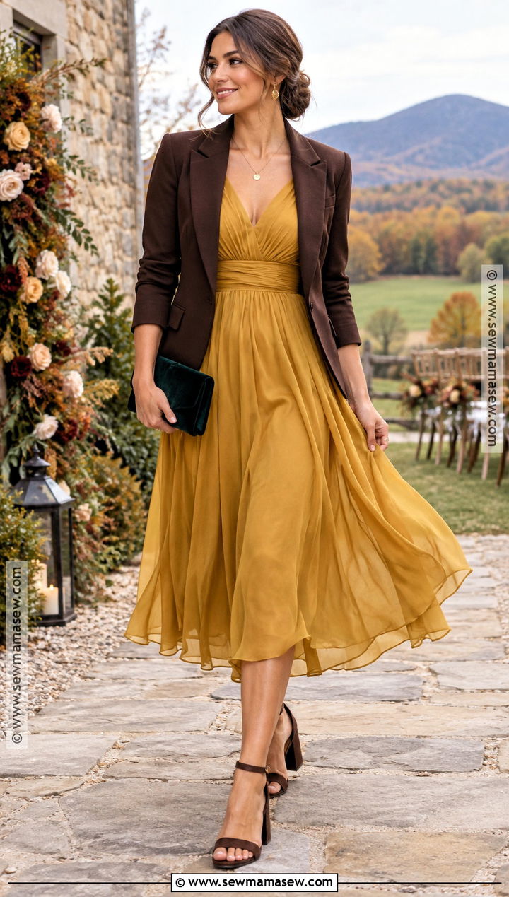 Mustard Chiffon Dress Fall Wedding Outfit - 25 fall wedding outfits