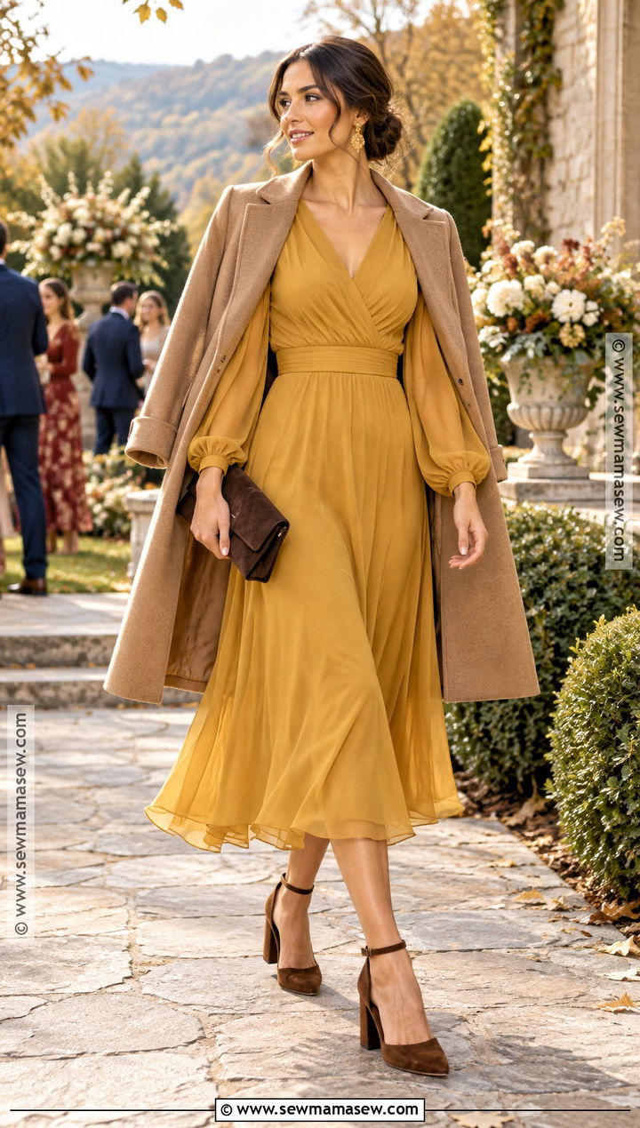 Mustard Chiffon Fall Wedding Guest Dress - 25 wedding guest dress fall ideas