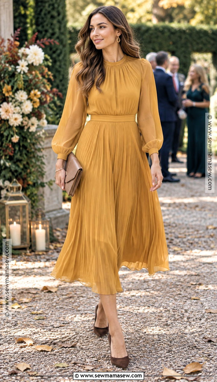 Mustard Chiffon Midi Dress - 15 fall wedding party dress ideas
