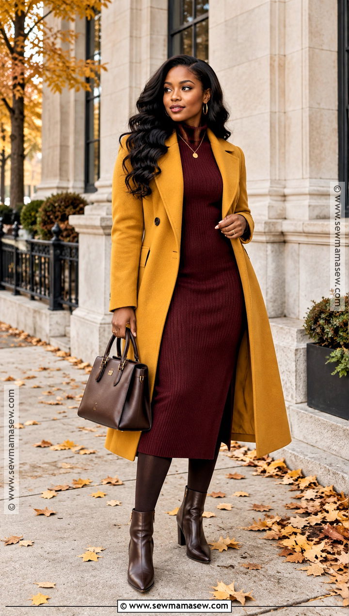 Mustard Coat And Burgundy Dress Fall Outfit - 15 Fall Colors Outfits for Black Women