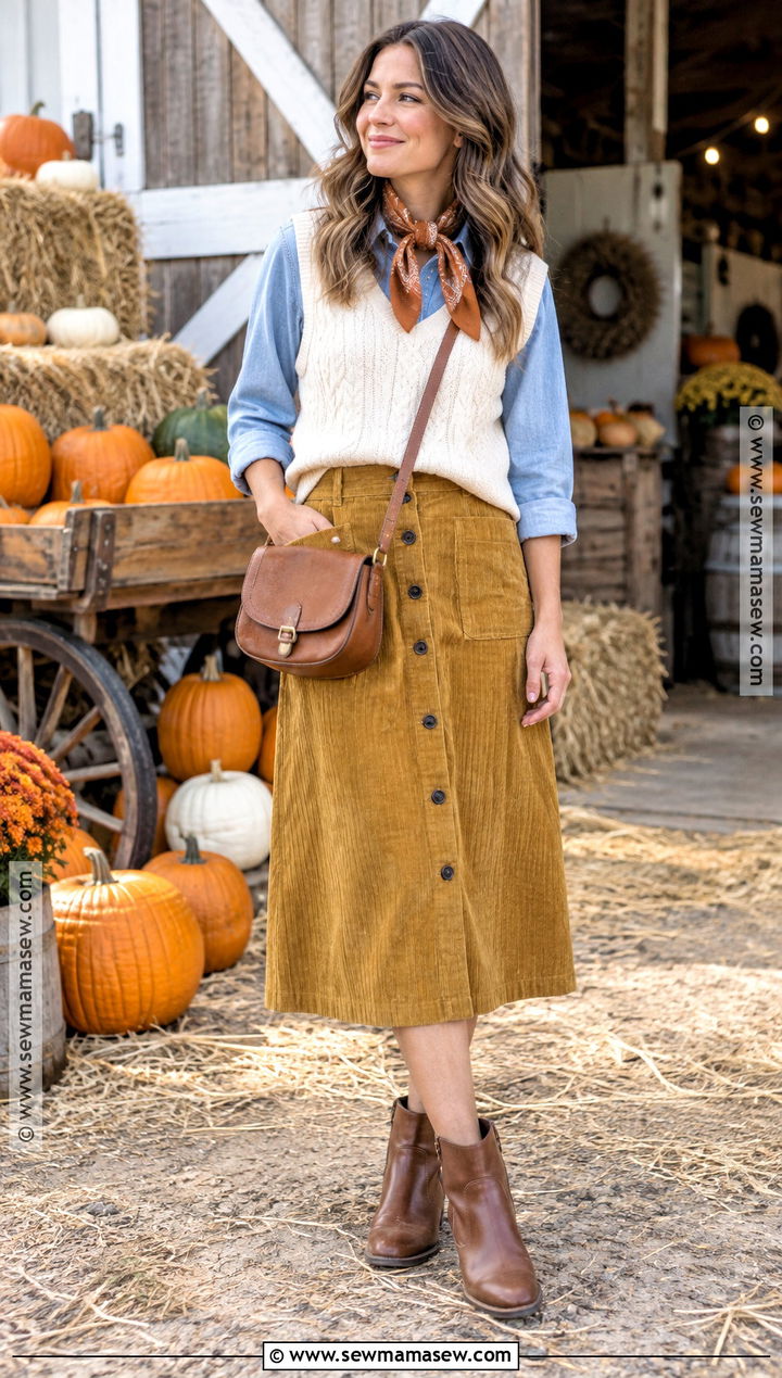 Mustard Corduroy Midi Skirt Pumpkin Patch Outfit - 20 skirt pumpkin patch outfit ideas