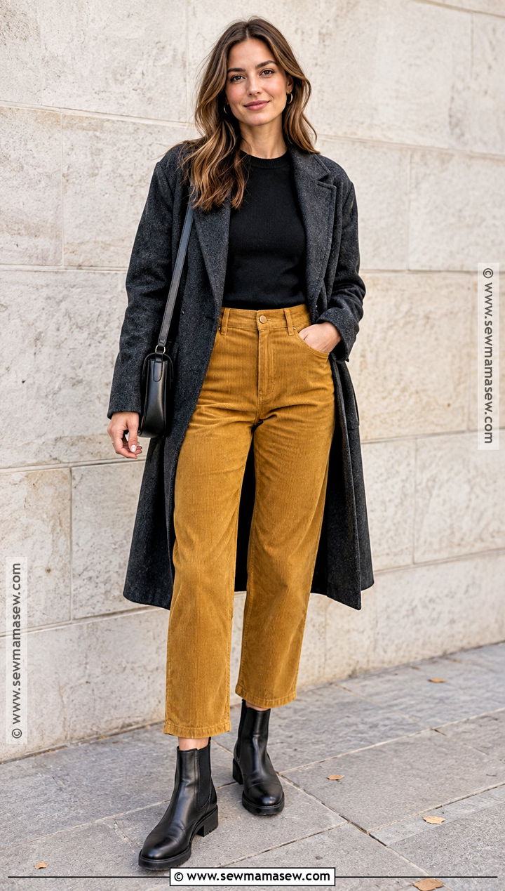 Mustard Corduroy Pants With Black Sweater And Chelsea Boots - 20 Cordoury Pants Outfits Fall