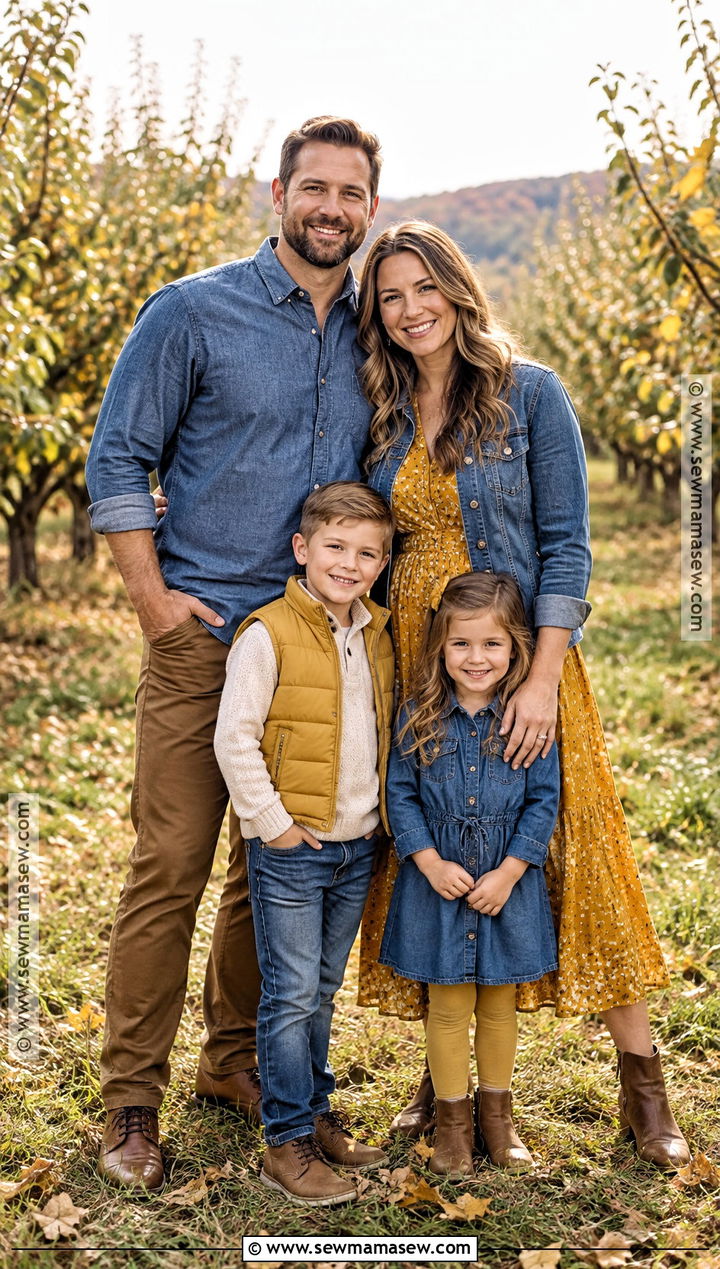 Mustard Denim and Brown Fall Family Picture Outfit - 20 fall color family picture outfits