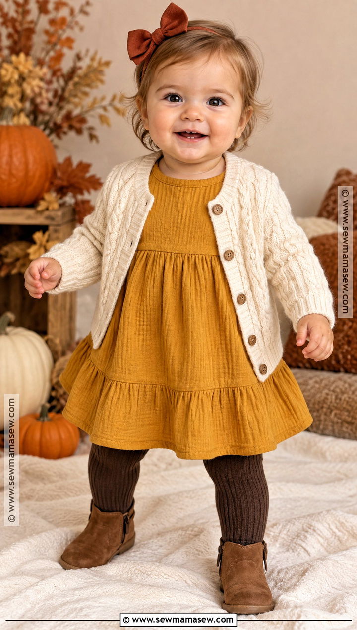 Mustard Dress And Brown Booties Outfit - 15 Baby First Thanksgiving Outfit Ideas