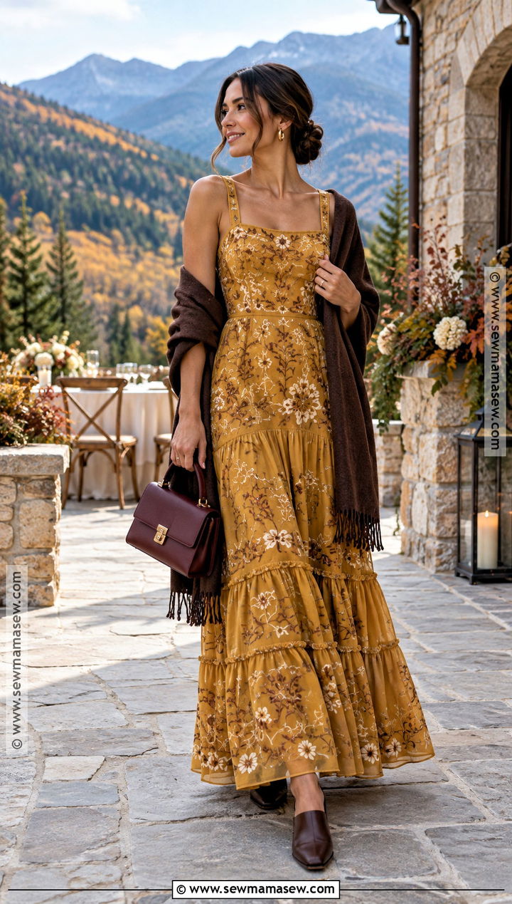 Mustard Embroidered Maxi Dress With Brown Mules - 15 boho wedding guest dress fall ideas