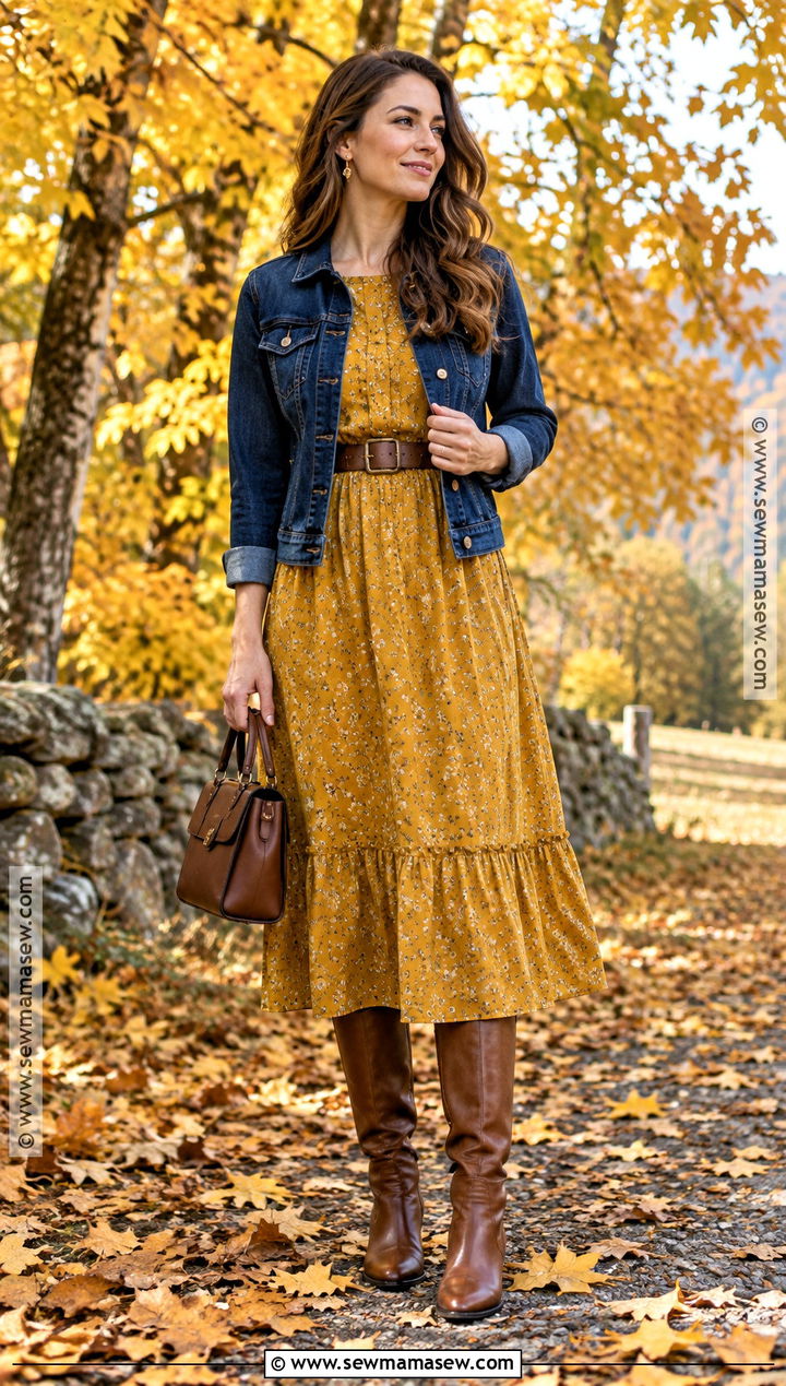 Mustard Fall Country Dress With Cognac Boots - 15 Fall Country Dresses