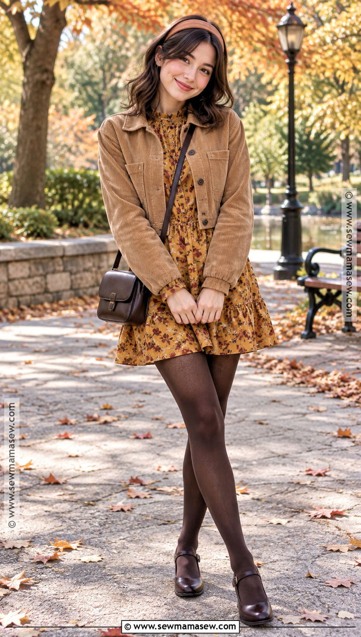 Mustard Fall Leaves Mini Dress With Tights - 20 fall leaves dress ideas