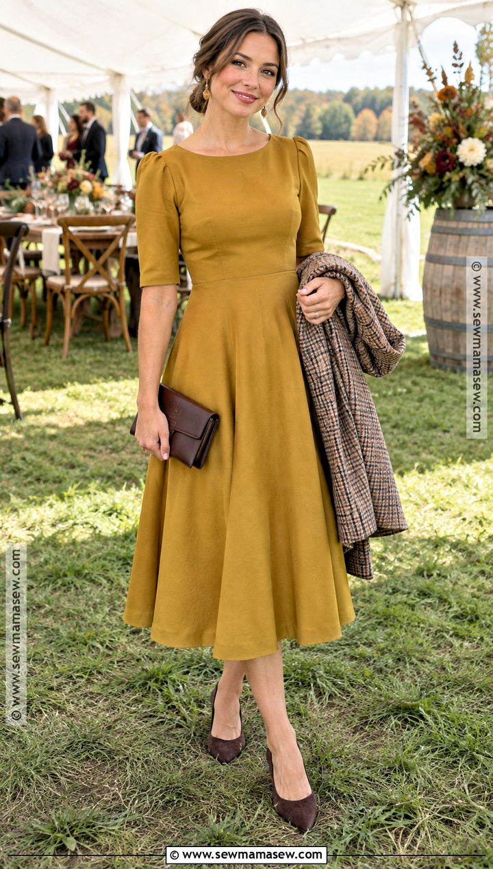 Mustard Fit And Flare Dress With Dressy Flats - 20 Fall Farm Wedding Guest Attire Ideas