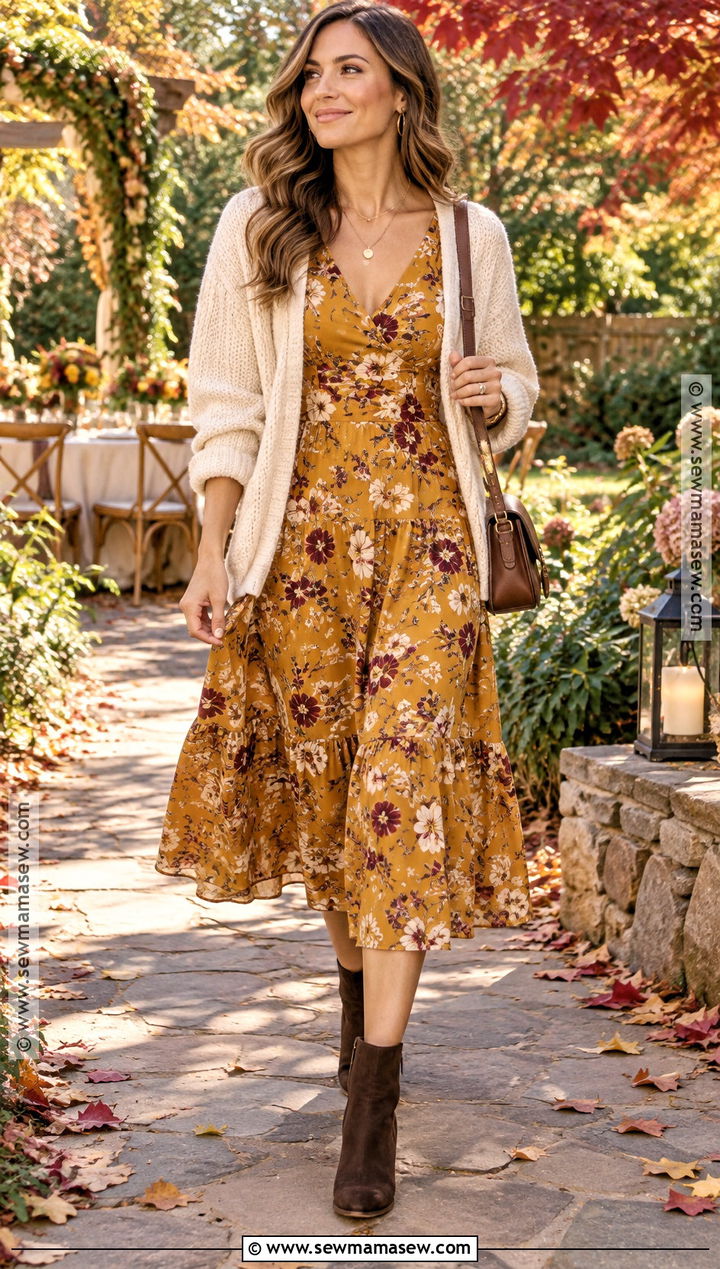 Mustard Floral Dress And Brown Boots Bridal Shower Outfit - 20 fall bridal shower outfit for guest casual ideas