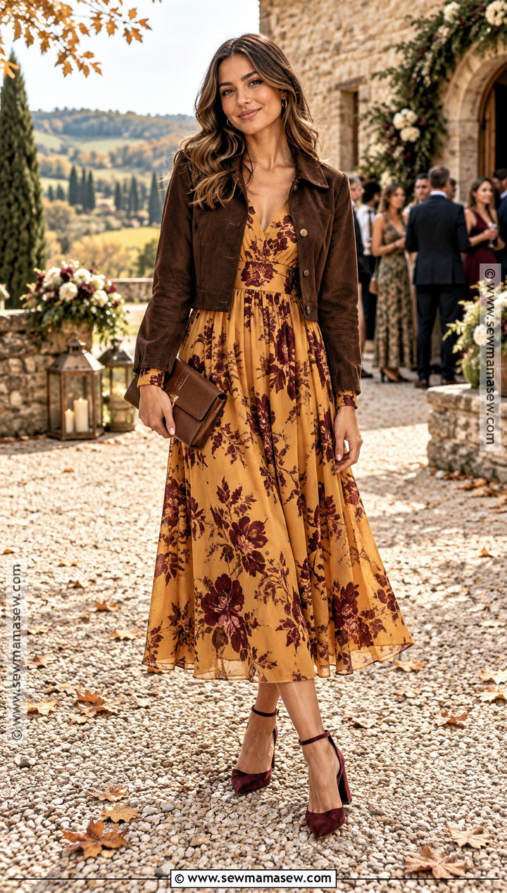 Mustard Floral Midi Bohemian Wedding Guest Dress - 15 bohemian wedding guest dress fall ideas