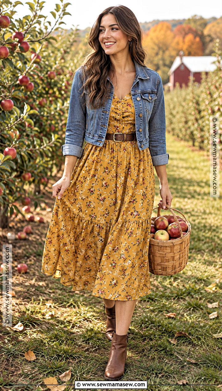 Mustard Floral Midi Dress With Cognac Boots - 15 Fall Picture Dresses for Women