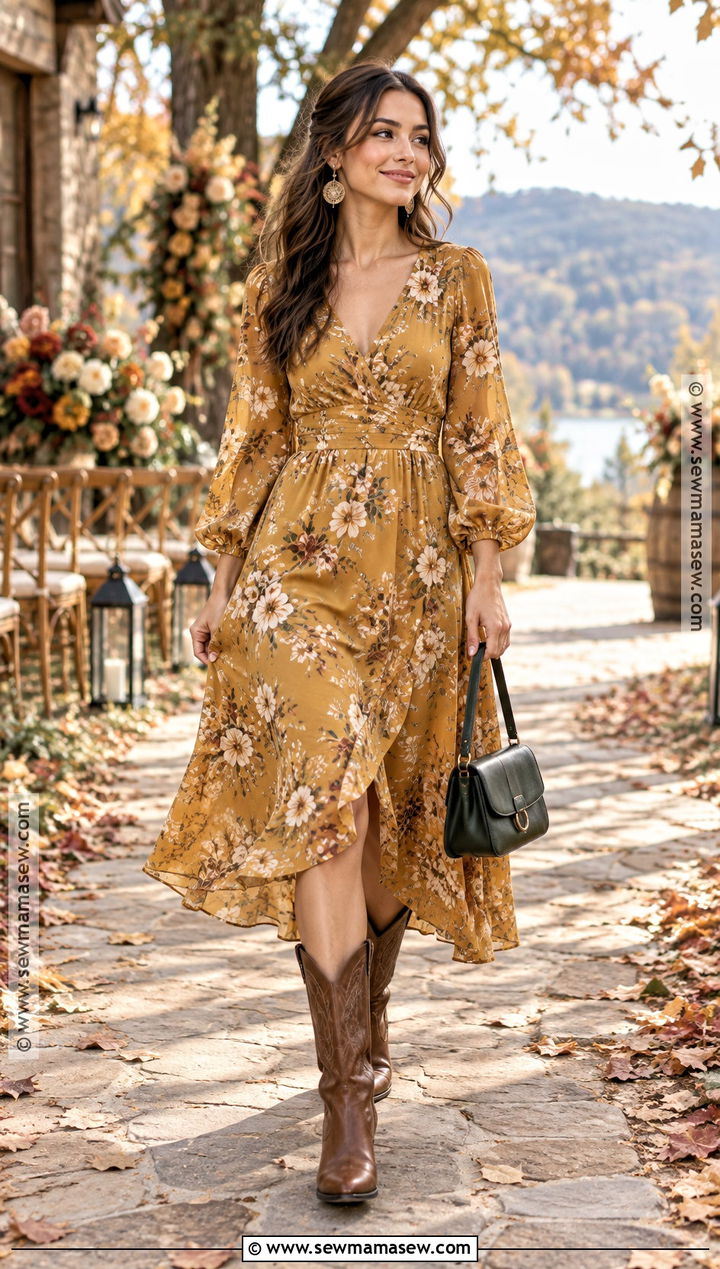 Mustard Floral Midi Dress With Cowboy Boots - 15 dress with cowboy boots wedding guest fall