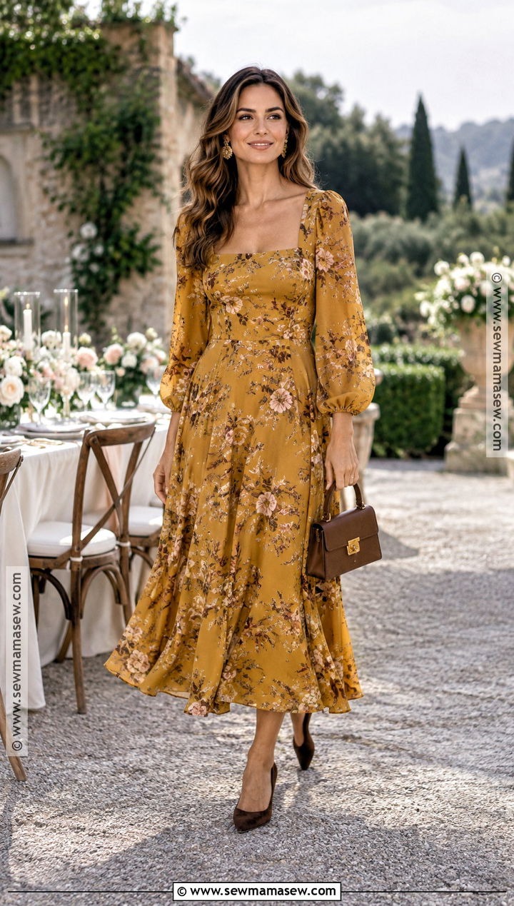 Mustard Floral Midi Dress - 15 boho fall wedding guest dress ideas