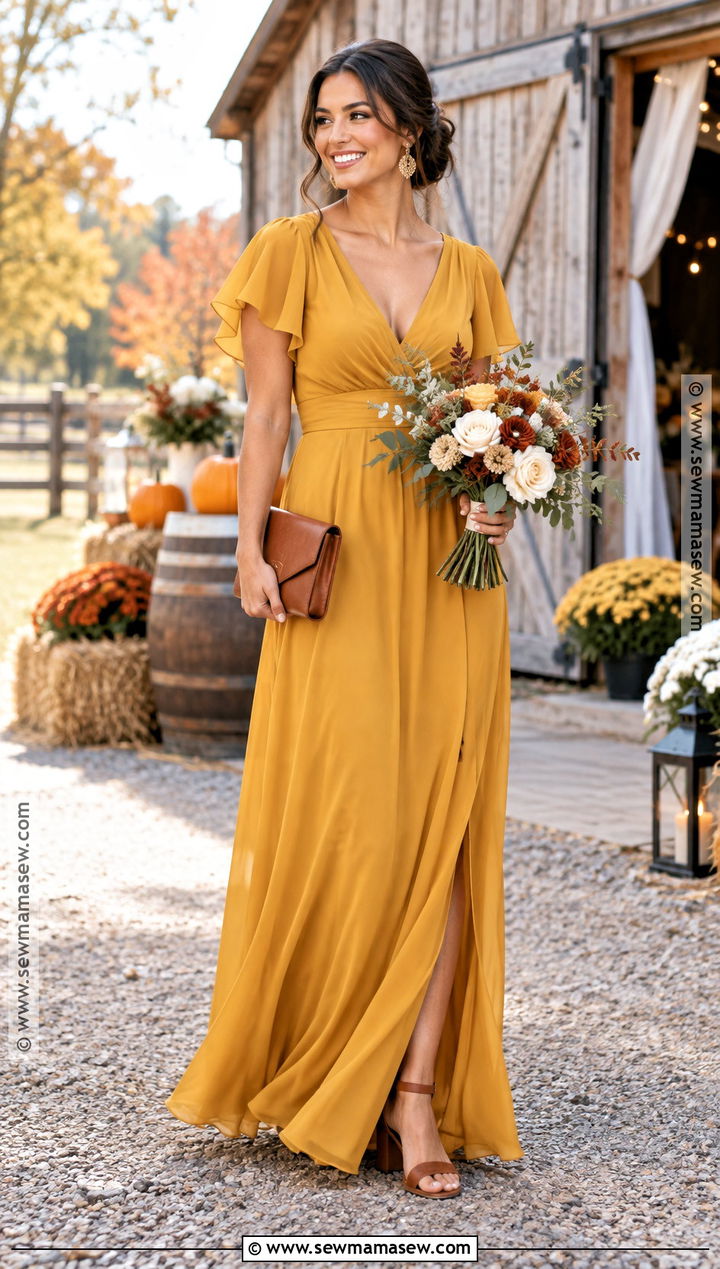 Mustard Flutter Sleeve Bridesmaid Dress - 25 fall bridesmaid dresses
