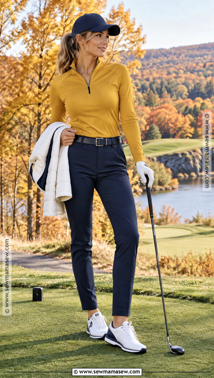 Mustard Golf Top And Navy Pants - 25 fall golfing outfits for women