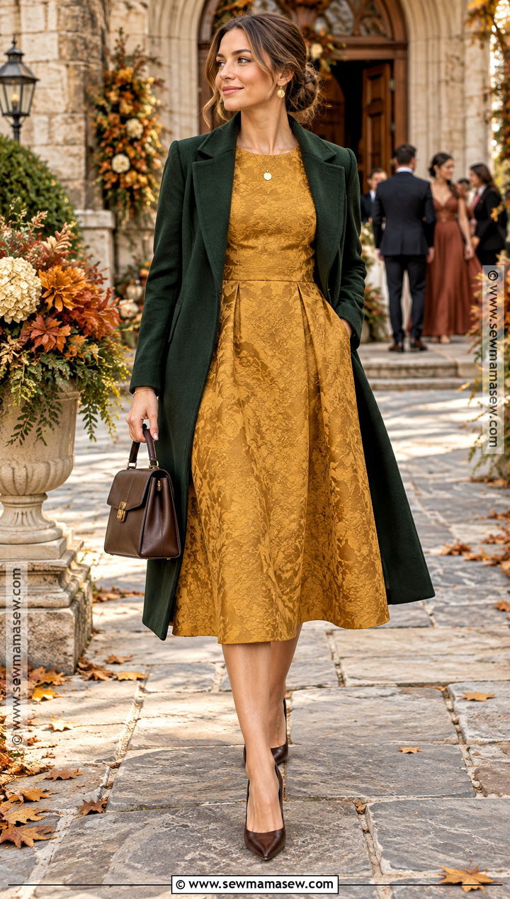 Mustard Jacquard A Line Dress - 20 wedding thanksgiving dress ideas