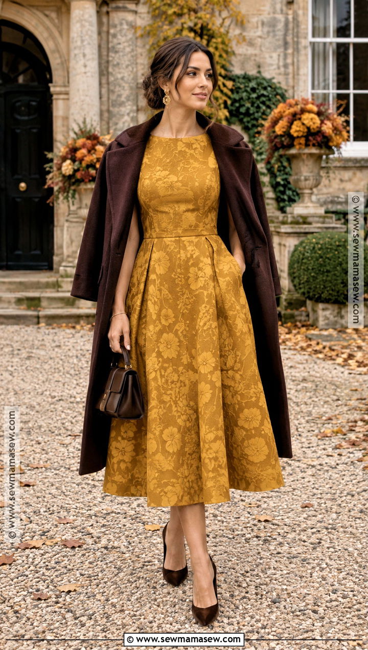 Mustard Jacquard Fall Wedding Guest Dress - 15 fall wedding guest dress ideas 2026