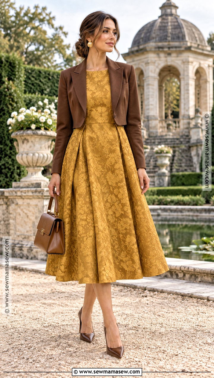 Mustard Jacquard Fit And Flare Dress For A Fall Brunch Wedding - 15 fall brunch wedding guest dress ideas