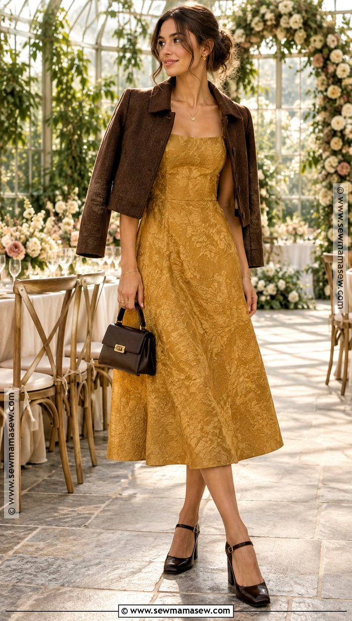 Mustard Jacquard Midi Dress Fall Wedding Guest Outfit - 30 fall wedding guest outfit ideas