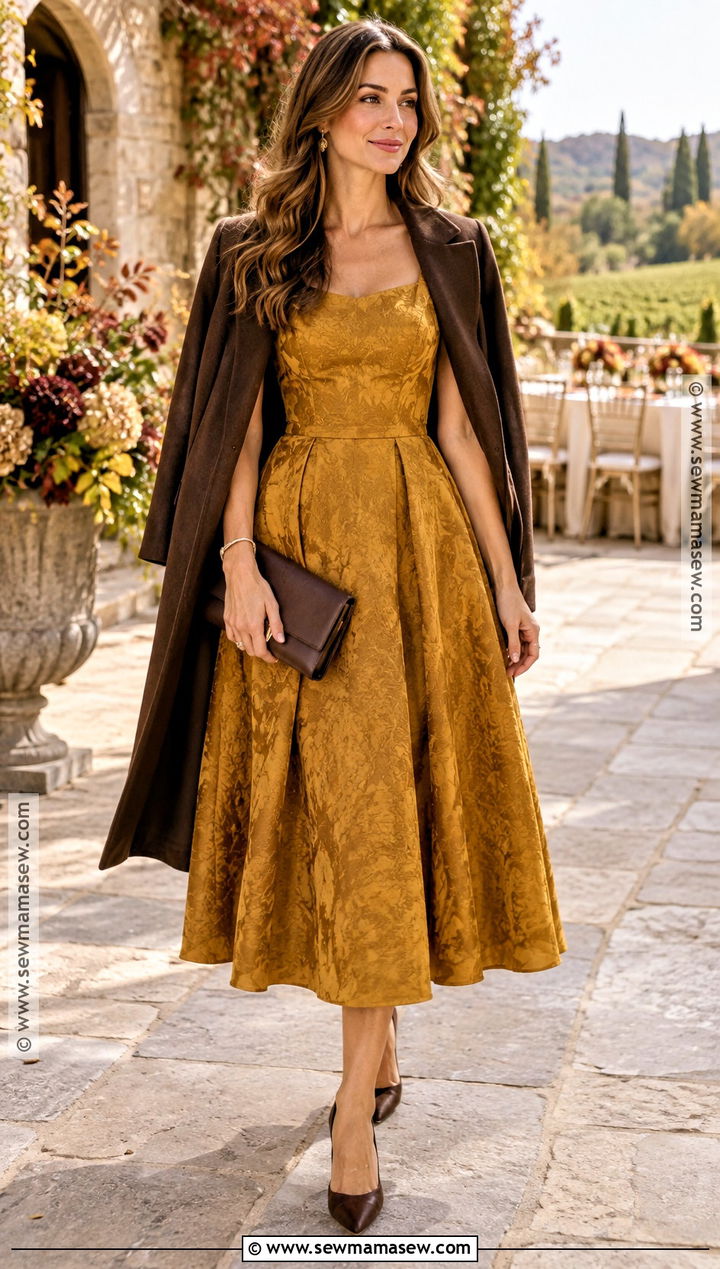 Mustard Jacquard Midi Dress Winery Wedding Outfit - 15 winery wedding outfit guest fall ideas