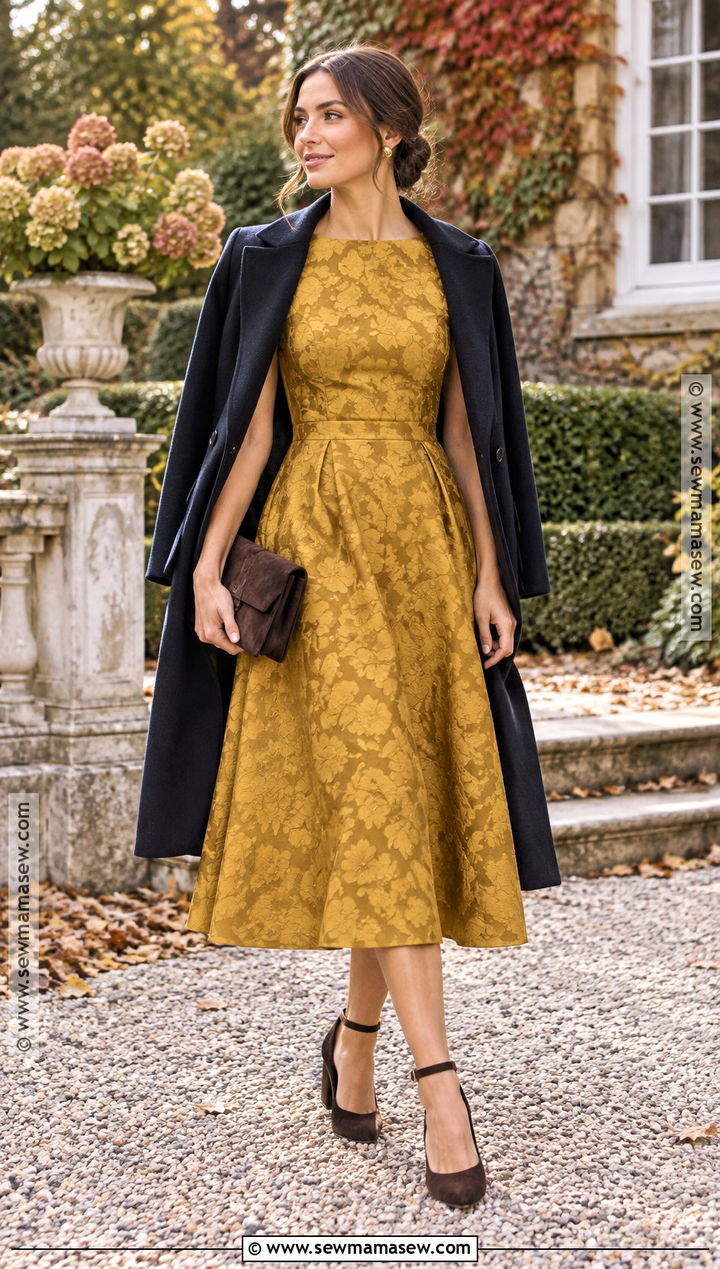 Mustard Jacquard Midi Fall Outdoor Wedding Guest Dress - 20 fall outdoor wedding guest dress ideas
