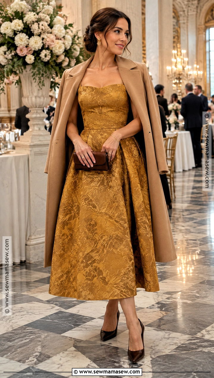 Mustard Jacquard Midi Fall Wedding Guest Dress - 15 wedding reception dress for guest fall ideas